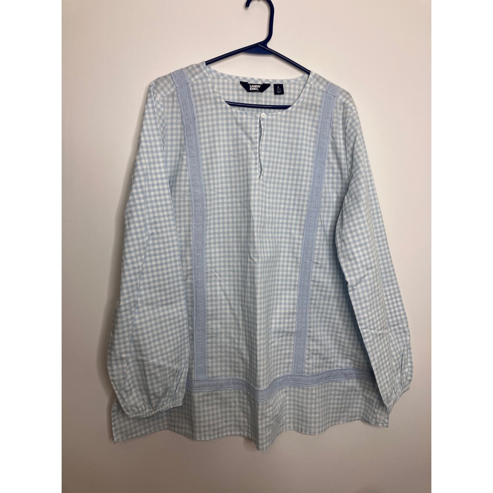 Lands End Tunic Blouse Womens L 14-16 Blue Gingham Eyelet Lace Trim Cotton Top
